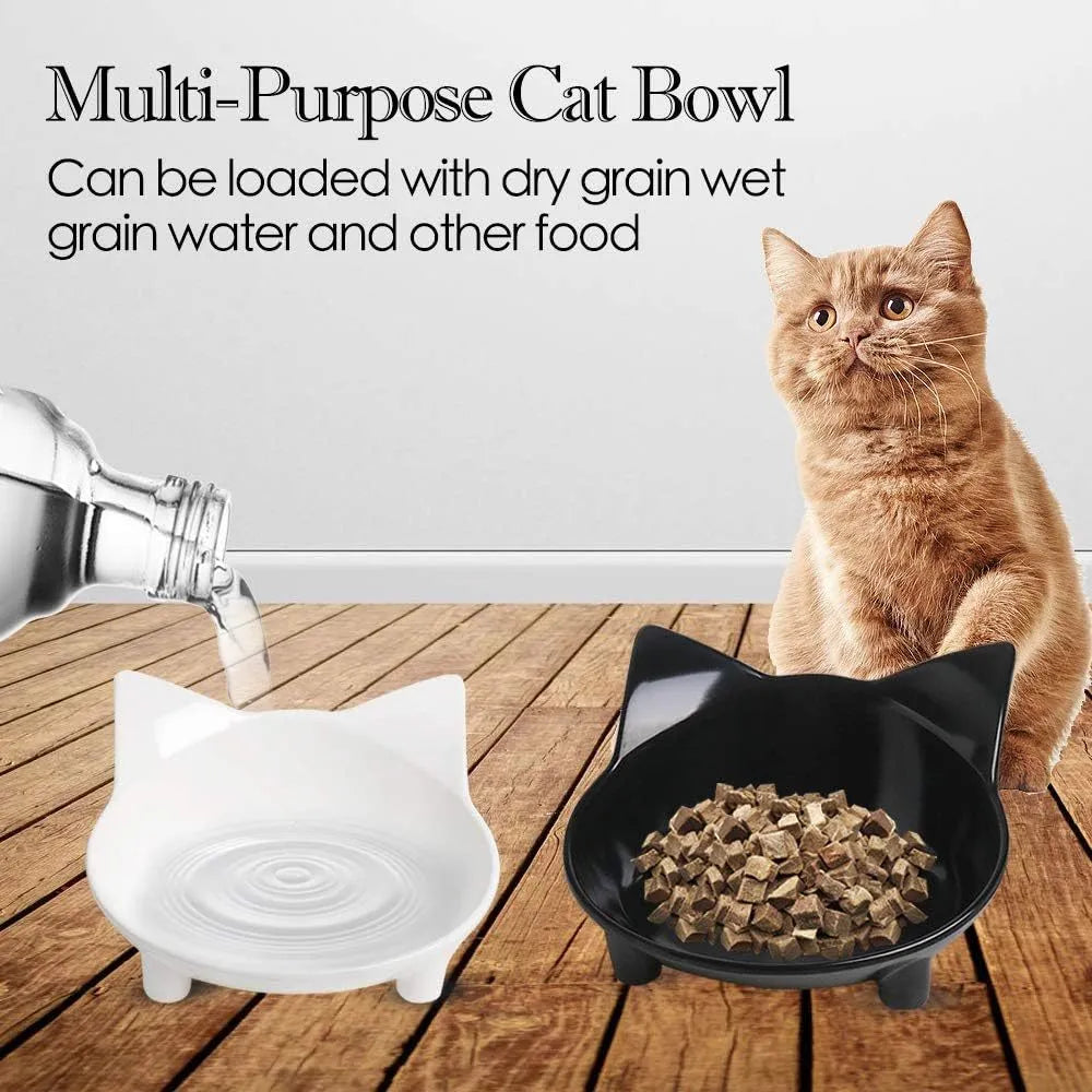 Black and white shallow melamine cat bowls with non-slip rubber bases