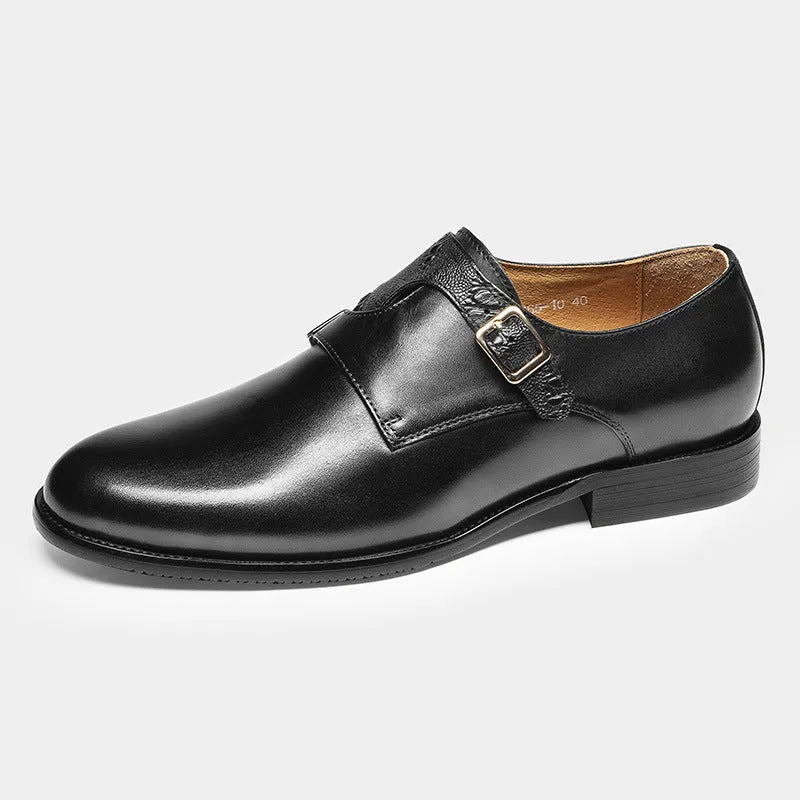 Men's first layer cowhide round toe double buckle retro business leather shoes in black