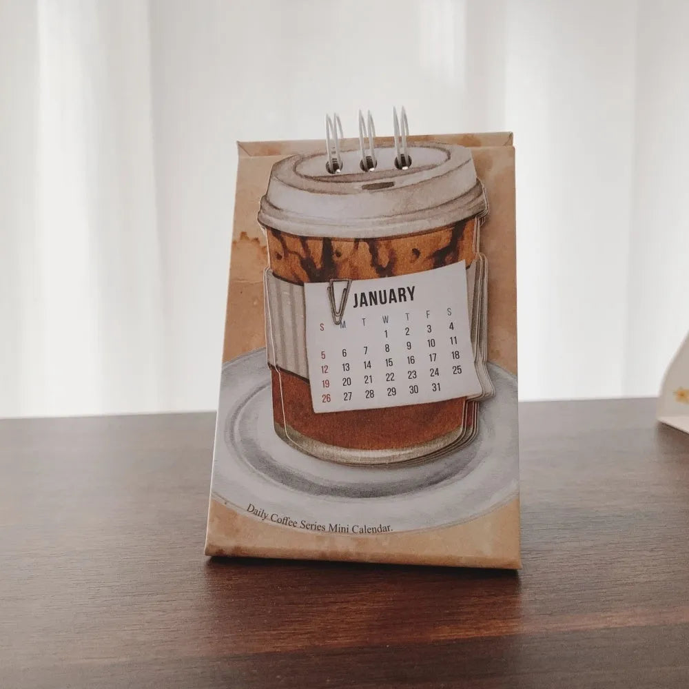 Mini desk calendar 2025 with multiple design options including Coffee Time theme