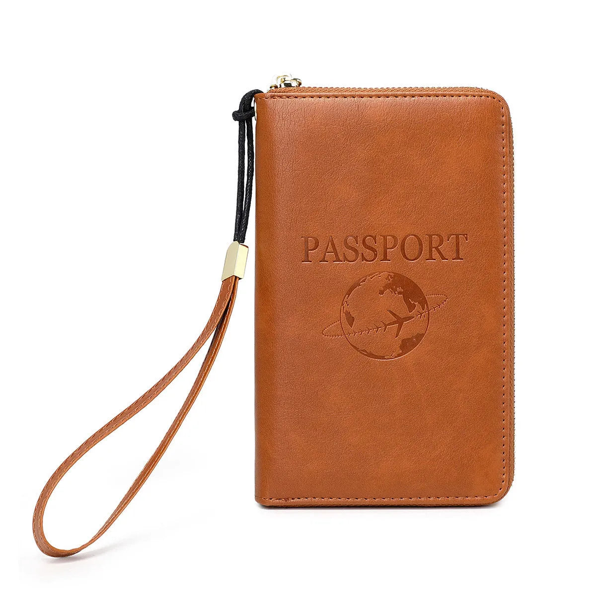 Brown PU travel document wallet with zip, open to show credit card slots and passport space.