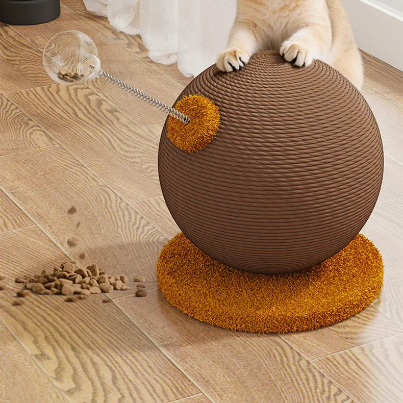 A cat scratch board made of coiled hemp rope with an attached wooden tumbler toy, shown in a simple, natural style.