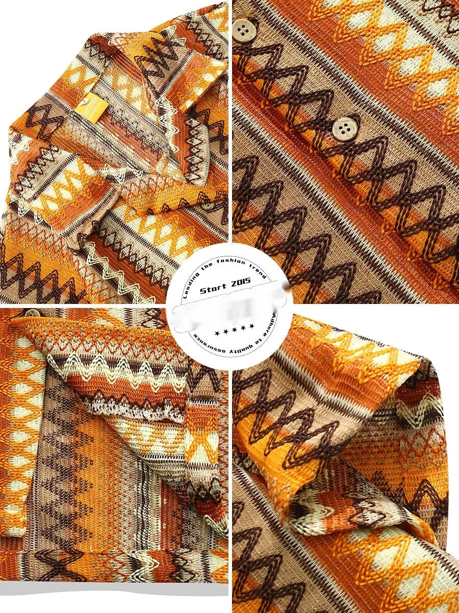 Loose fit ethnic style shirt with Cuban collar and contrast colour, featuring short drop-shoulder sleeves.