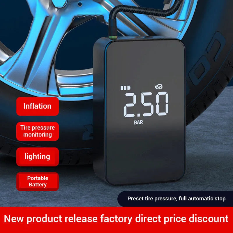 Small black wireless digital tyre inflator pump with screen, hose, and nozzles on a grey background.