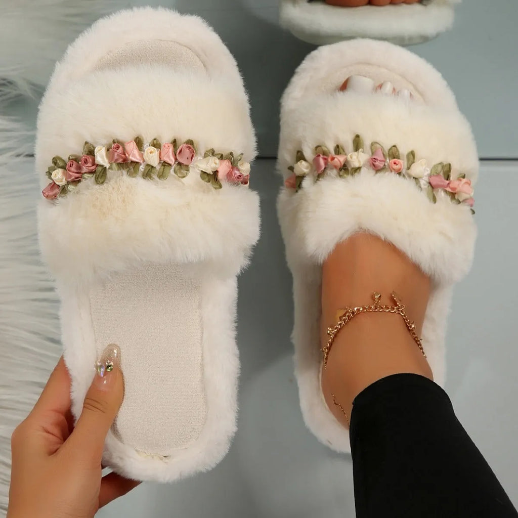 Flower fluffy slippers for women with artificial wool lining, cotton cloth upper, and rubber sole in white or black, sizes 36-43