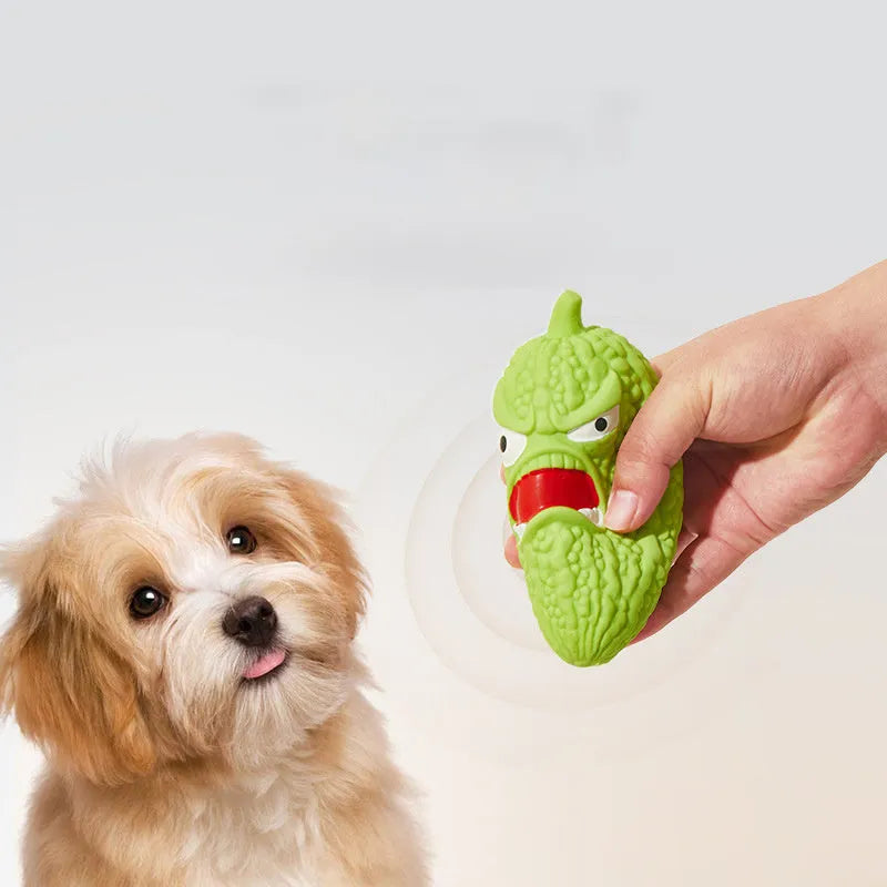 Interactive dog chew toy with pet sounds in bitter gourd or chili shape for teeth grinding