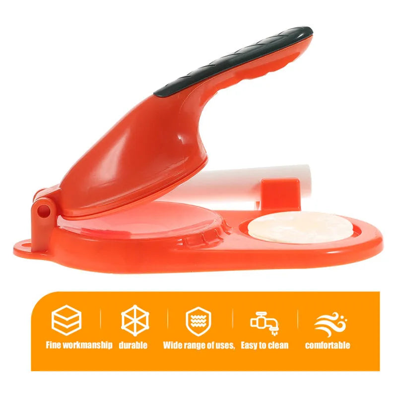 Plastic 3 in 1 dumpling maker with rolling pin and two props in white and green on a table