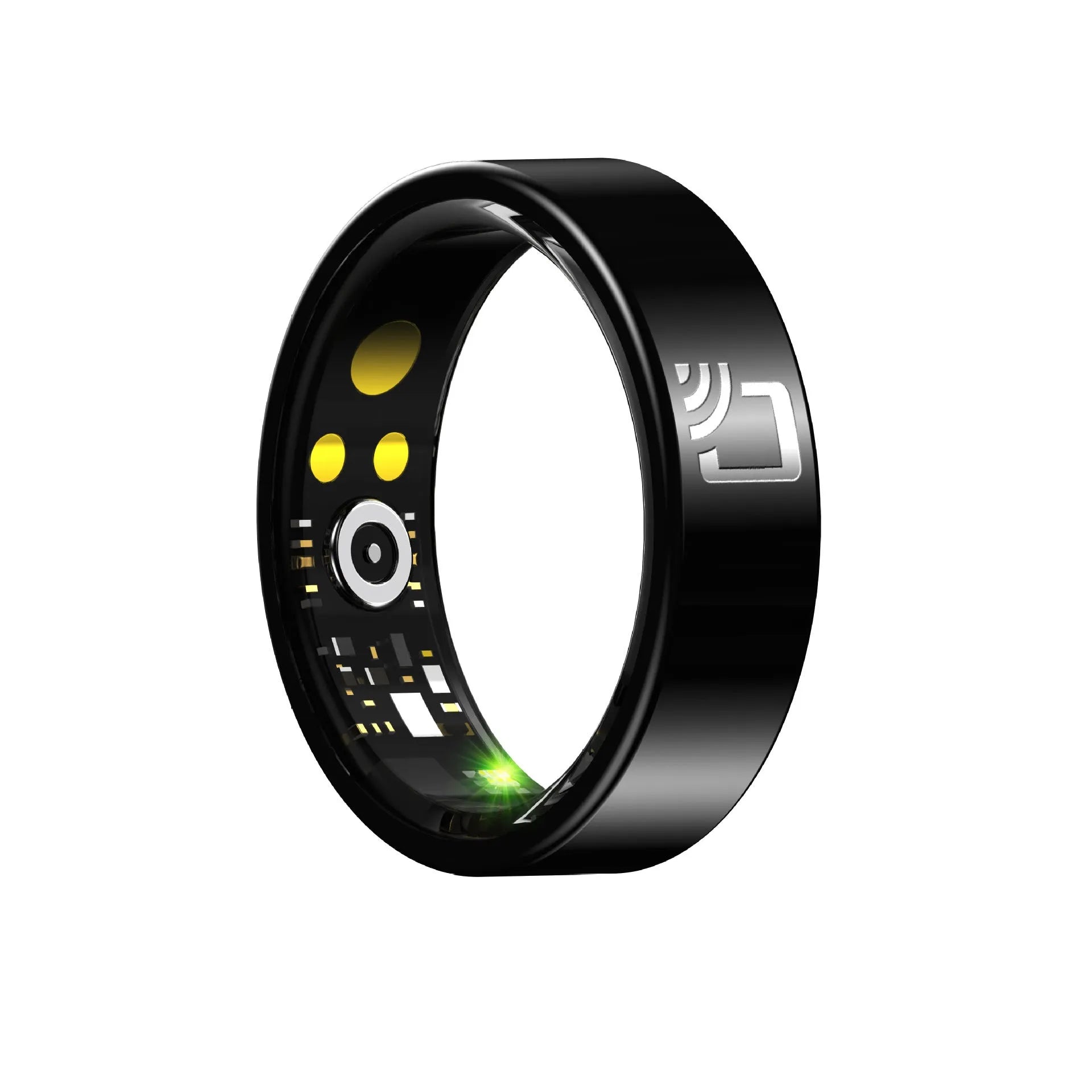 Black ceramic smart ring for heart rate, blood oxygen and sleep monitoring on a finger