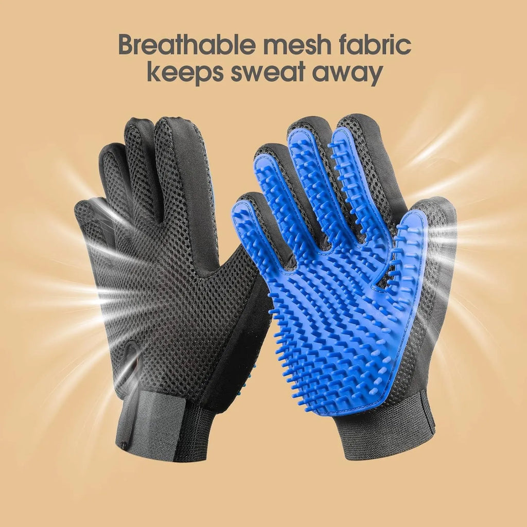 Blue pet grooming gloves with silicone grooming tips for dogs and cats