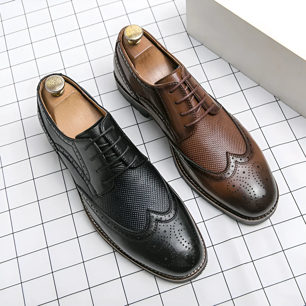 Men's black leather business formal pumps low top round toe PU sole with sewing line detail on side view