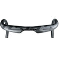 Carbon fibre road bicycle drop handlebar shown in black, highlighting its bend and clamp area.