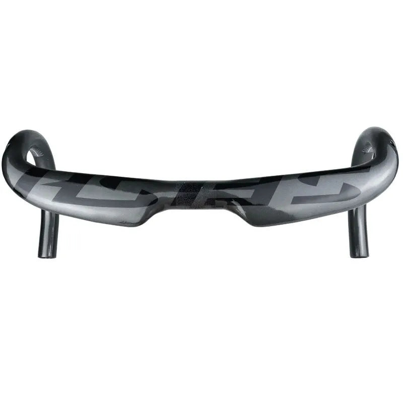Carbon fibre road bicycle drop handlebar shown in black, highlighting its bend and clamp area.