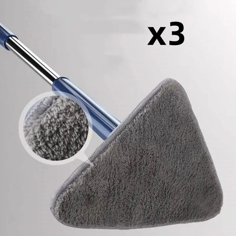 Extendable triangle mop with rotating blue head and adjustable stainless steel pole for corner cleaning