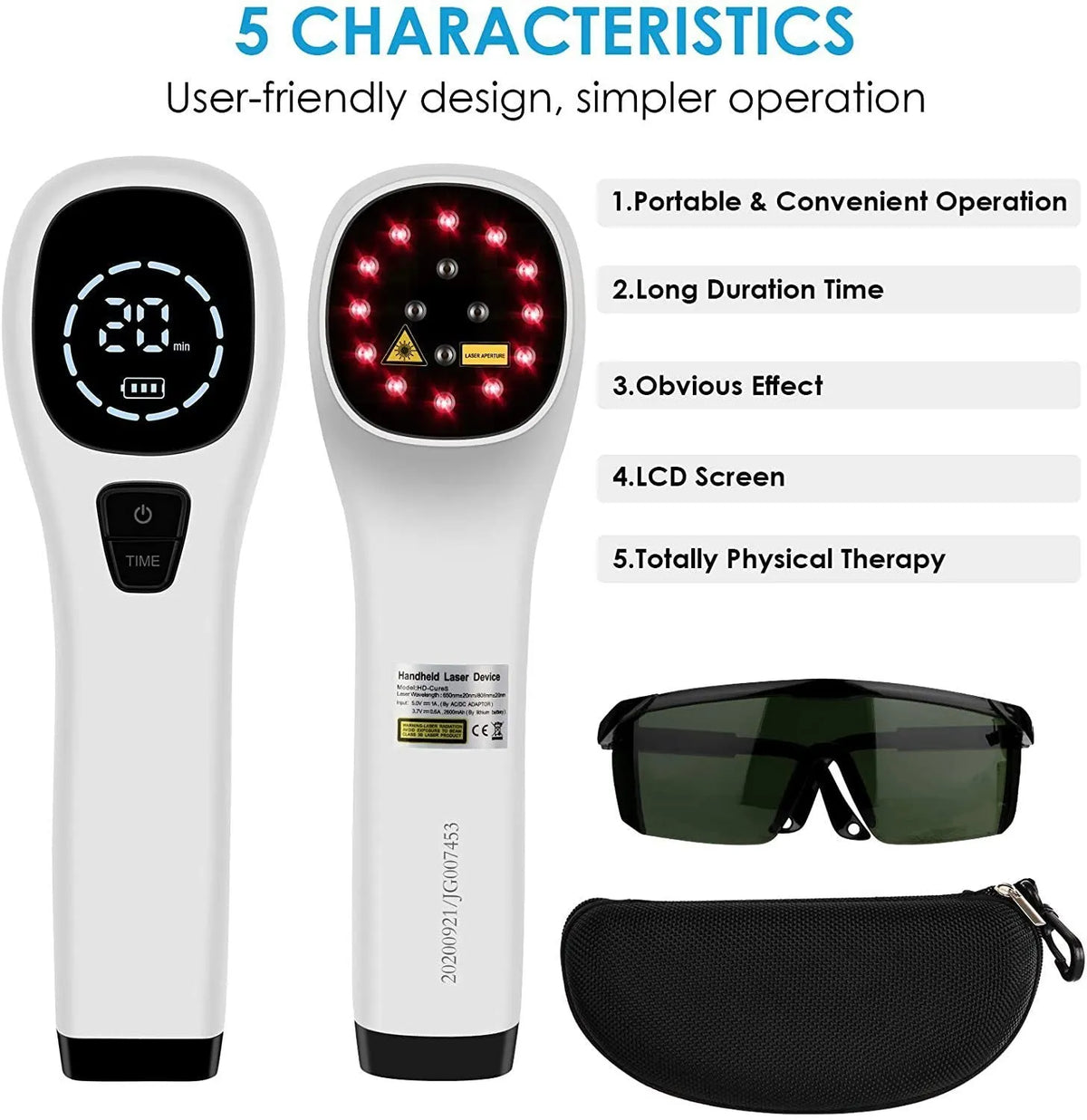 Hand-held red light therapy device in black and white with LED panel, carrying case, and safety glasses