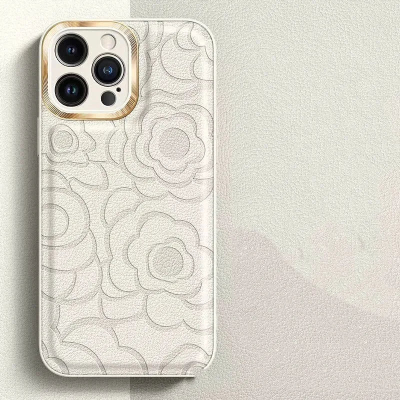 Camellia leather pattern iPhone case with soft edge and hard back in antique white