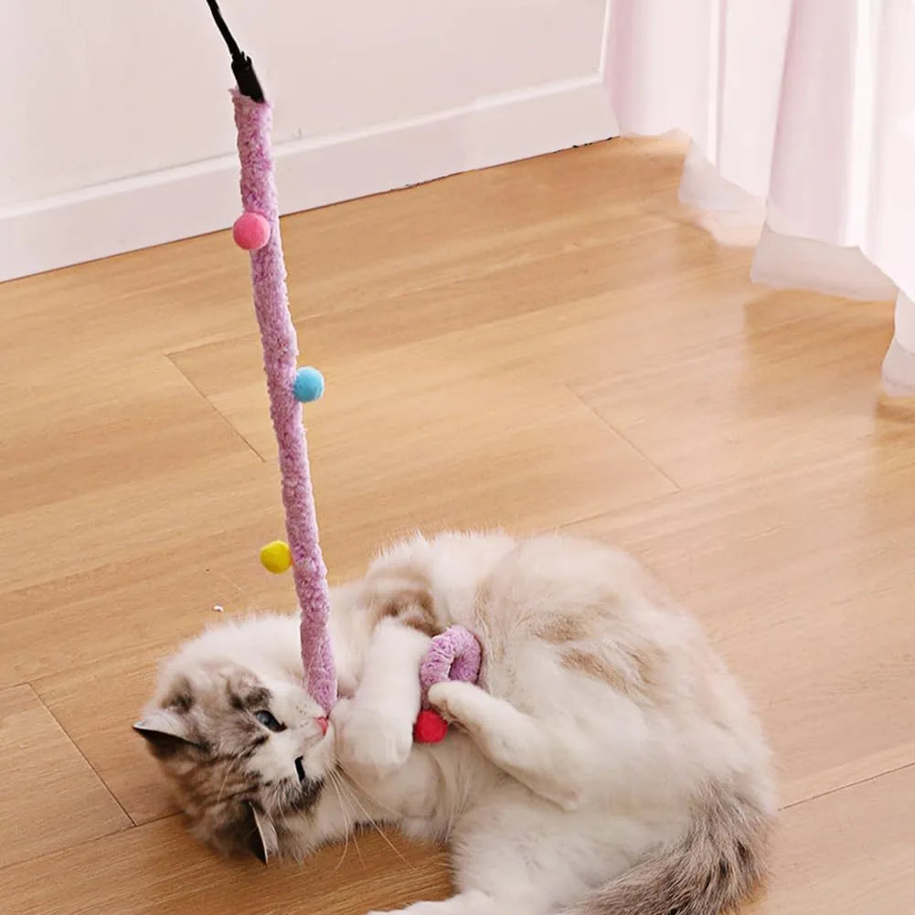 Interactive cat wand toy with plush strip and bell-equipped fluffy ball in blue, green, or pink