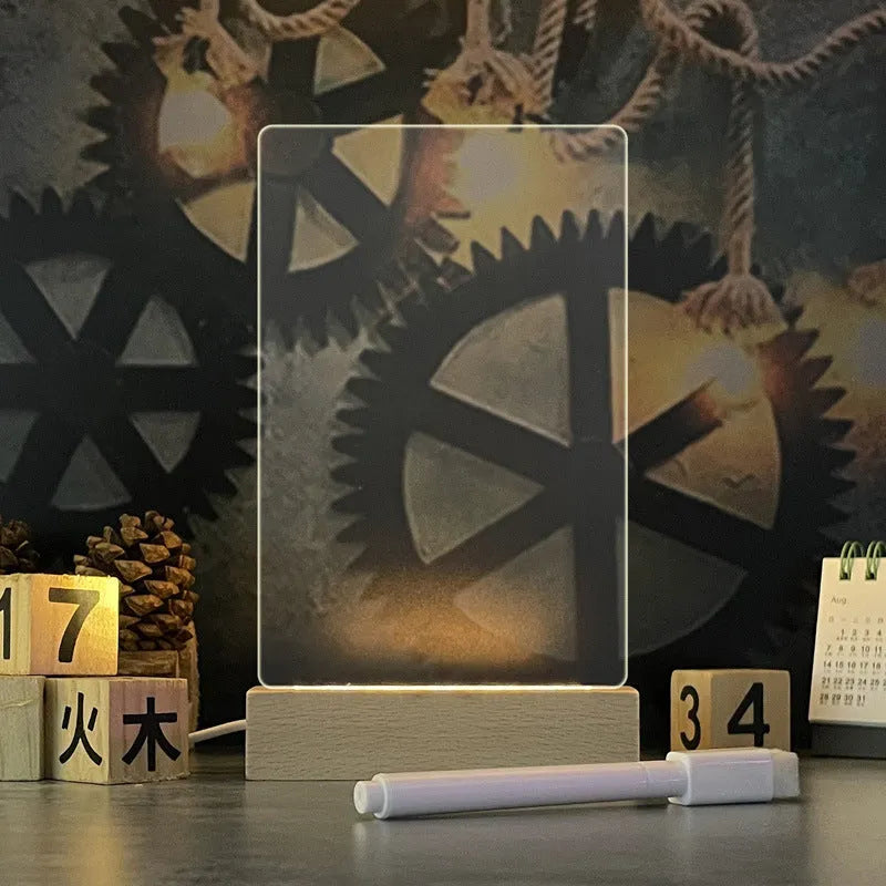 Creative LED USB message board night lamp with warm light, acrylic surface, and pen for writing messages