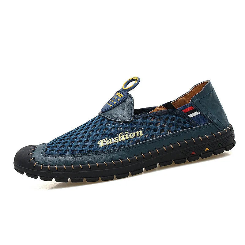 Men's brown breathable mesh casual shoes with a round toe and rubber sole.