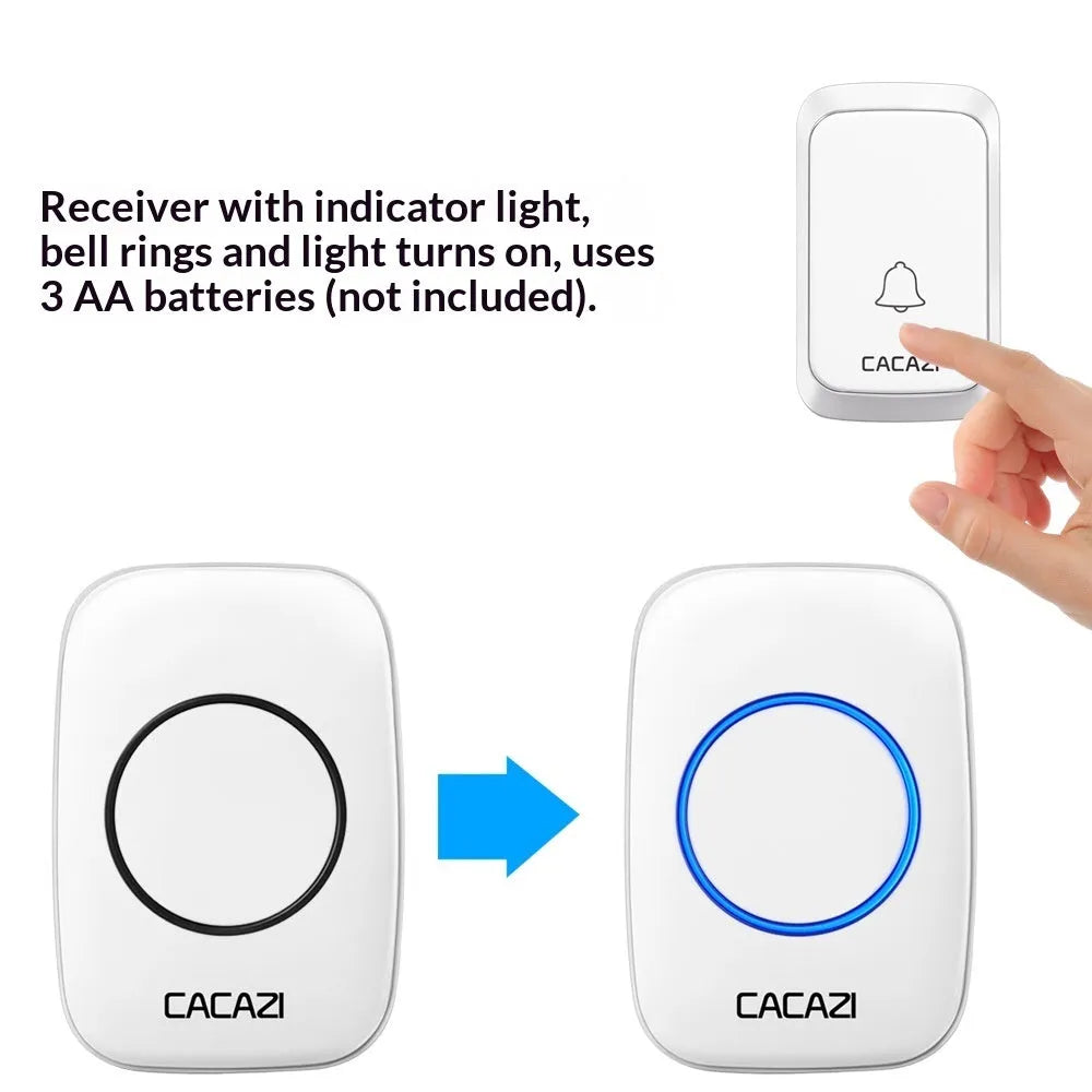 Wireless home doorbell set with white transmitter and receiver on a wall.