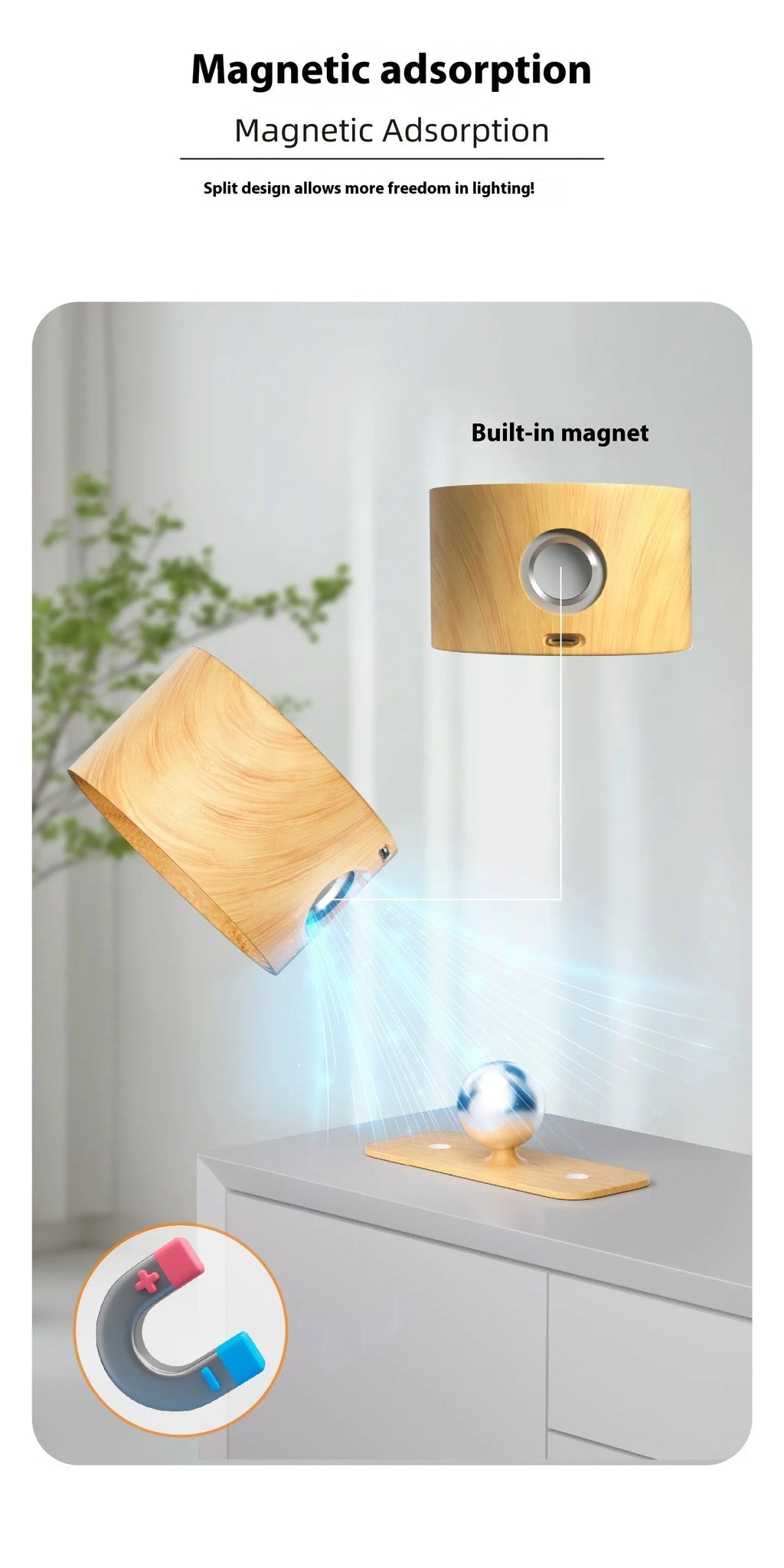 Circular wood grain wiring-free magnetic suction night light with remote control and base