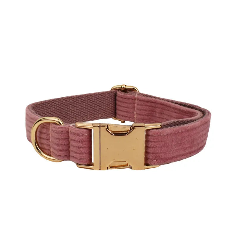 Corduroy dog collar and leash set with matching vest, bow, and poop bag holder in multiple sizes