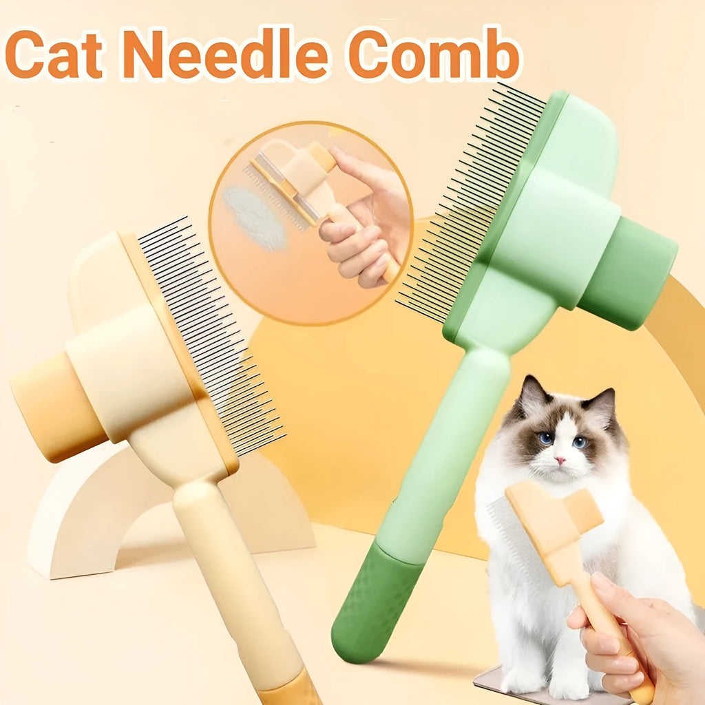 Yellow self-cleaning pet comb with stainless steel teeth and release button
