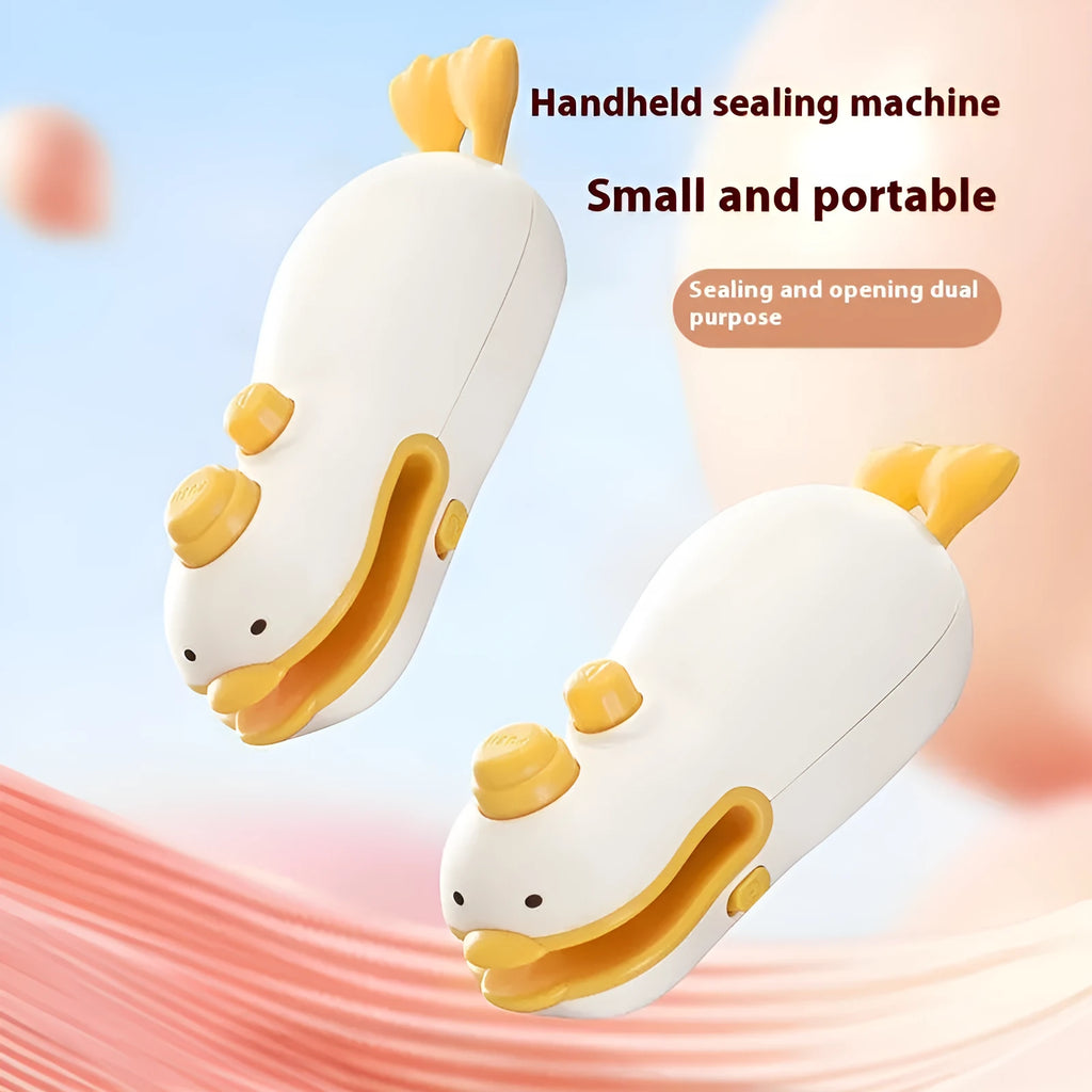 Yellow duck-shaped rechargeable bag sealing machine with animal jacquard pattern and charging cable