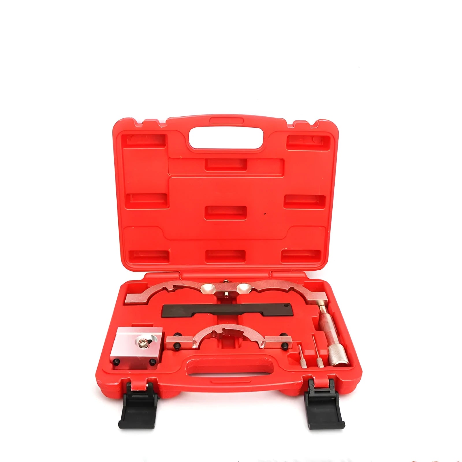 Red chrome-vanadium steel timing tool kit for Opel 1.4T LUJ engine on a workshop bench.