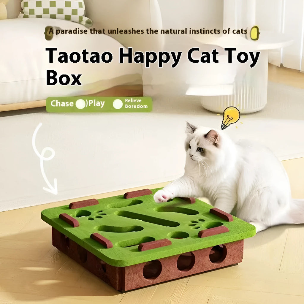 Green brown handmade felt box cat toy with holes for hide-and-seek play.