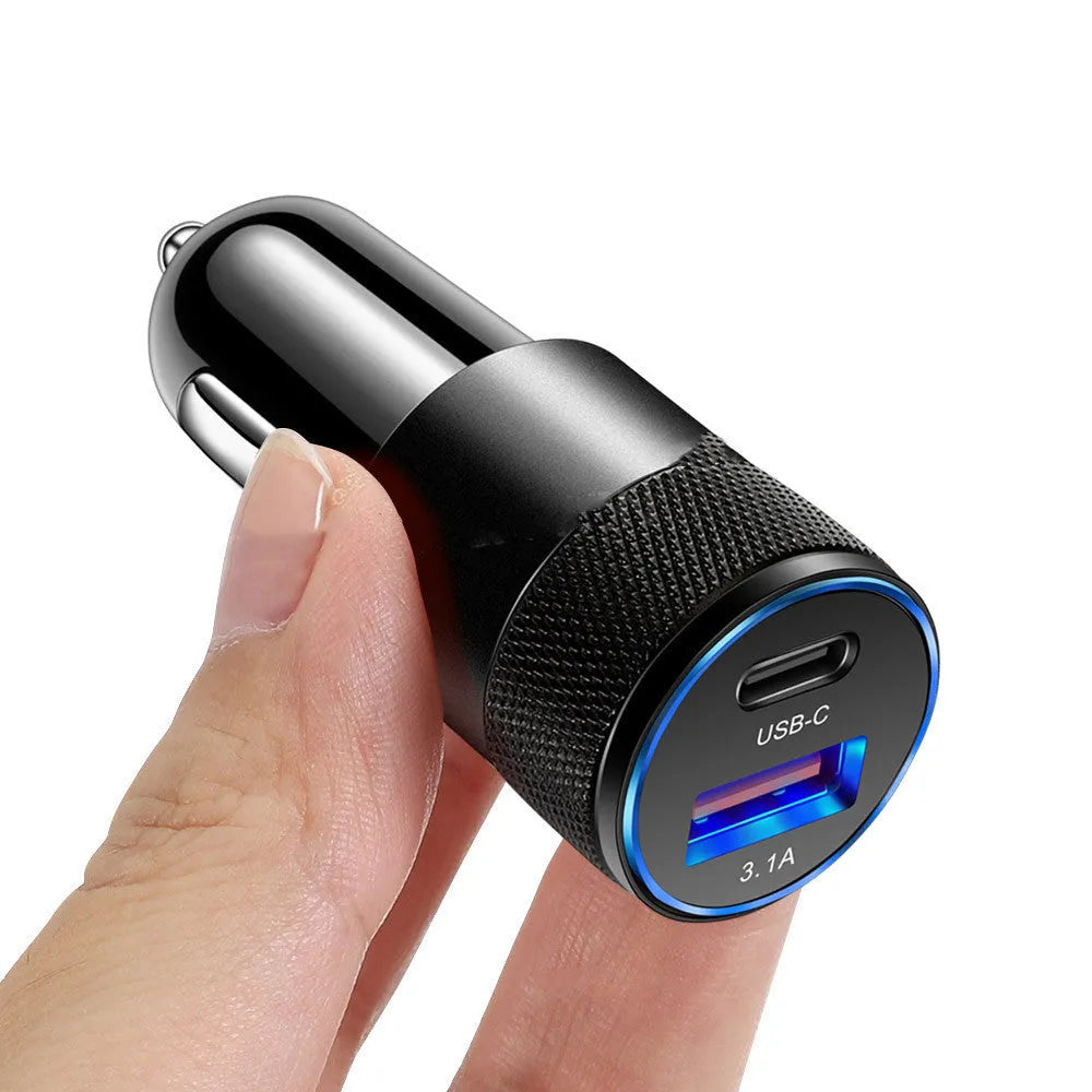 Aluminium alloy mobile phone car charger showing compact 2.5 by 6cm dimensions