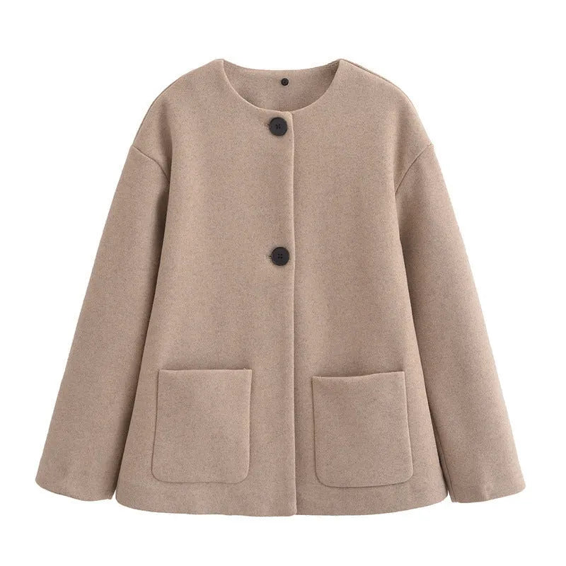Women's round neck PU coat with zip fastening and patchwork splicing, 50cm length, in camel