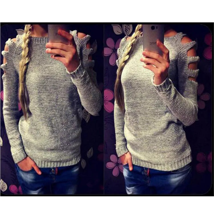 Women's white knitted shirt with hollow-out crochet patterns and round neck