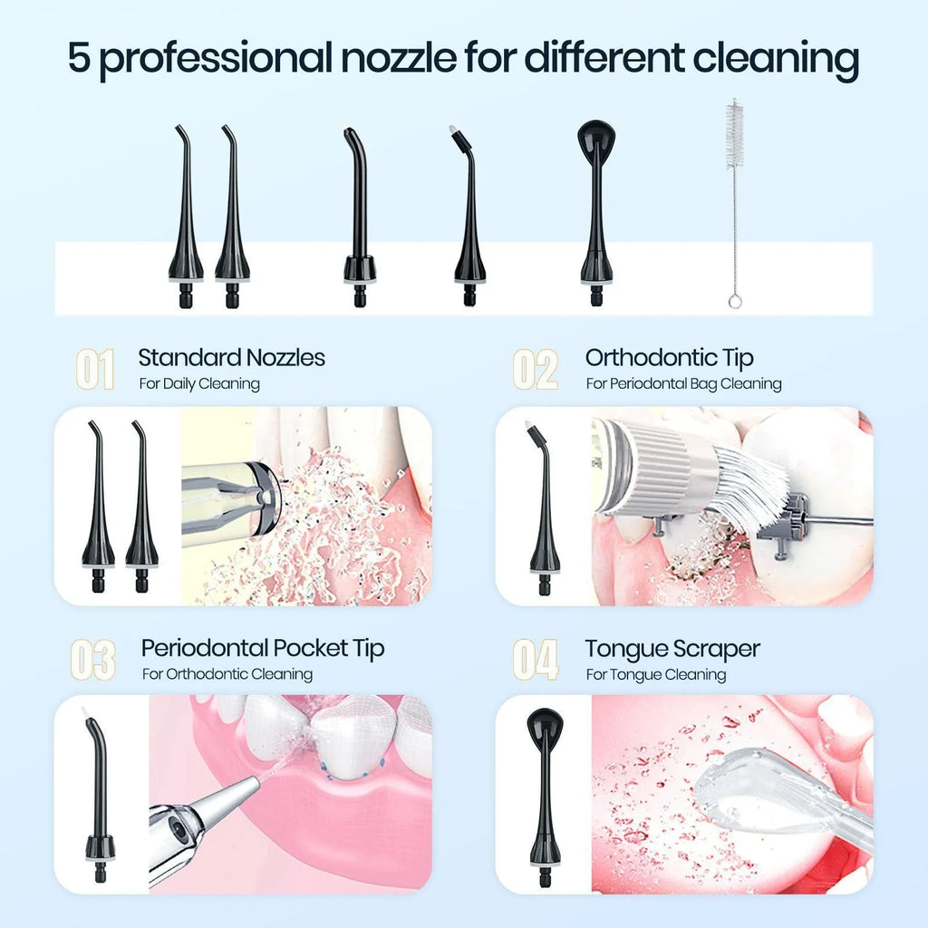 Black portable oral irrigator with water reservoir and nozzle for adult dental cleaning