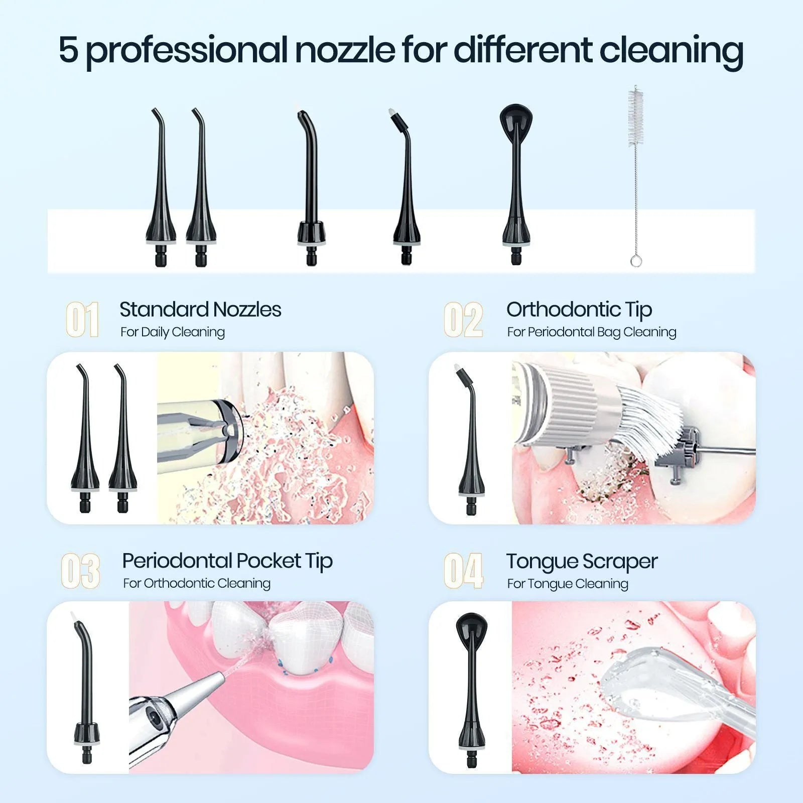 Black portable oral irrigator with water reservoir and nozzle for adult dental cleaning