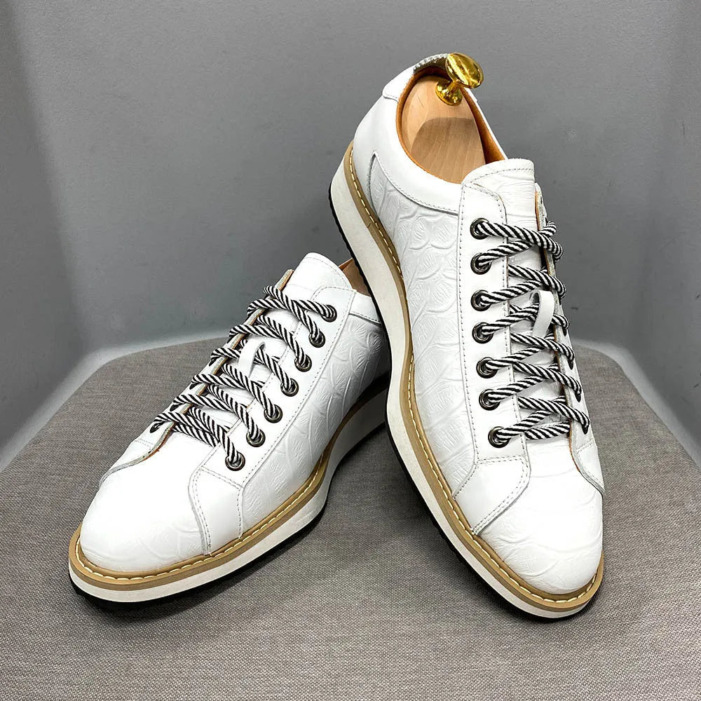 Men's low-top black lace-up shoes with an embossed pattern on the upper, featuring a white PU insole.