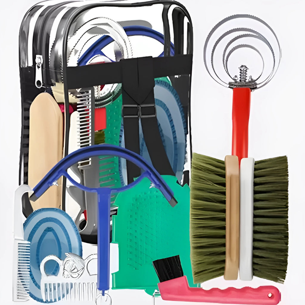 Complete 10-piece horse grooming brush set with storage bag showing brushes, combs and specialised tools