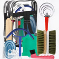 Complete 10-piece horse grooming brush set with storage bag showing brushes, combs and specialised tools