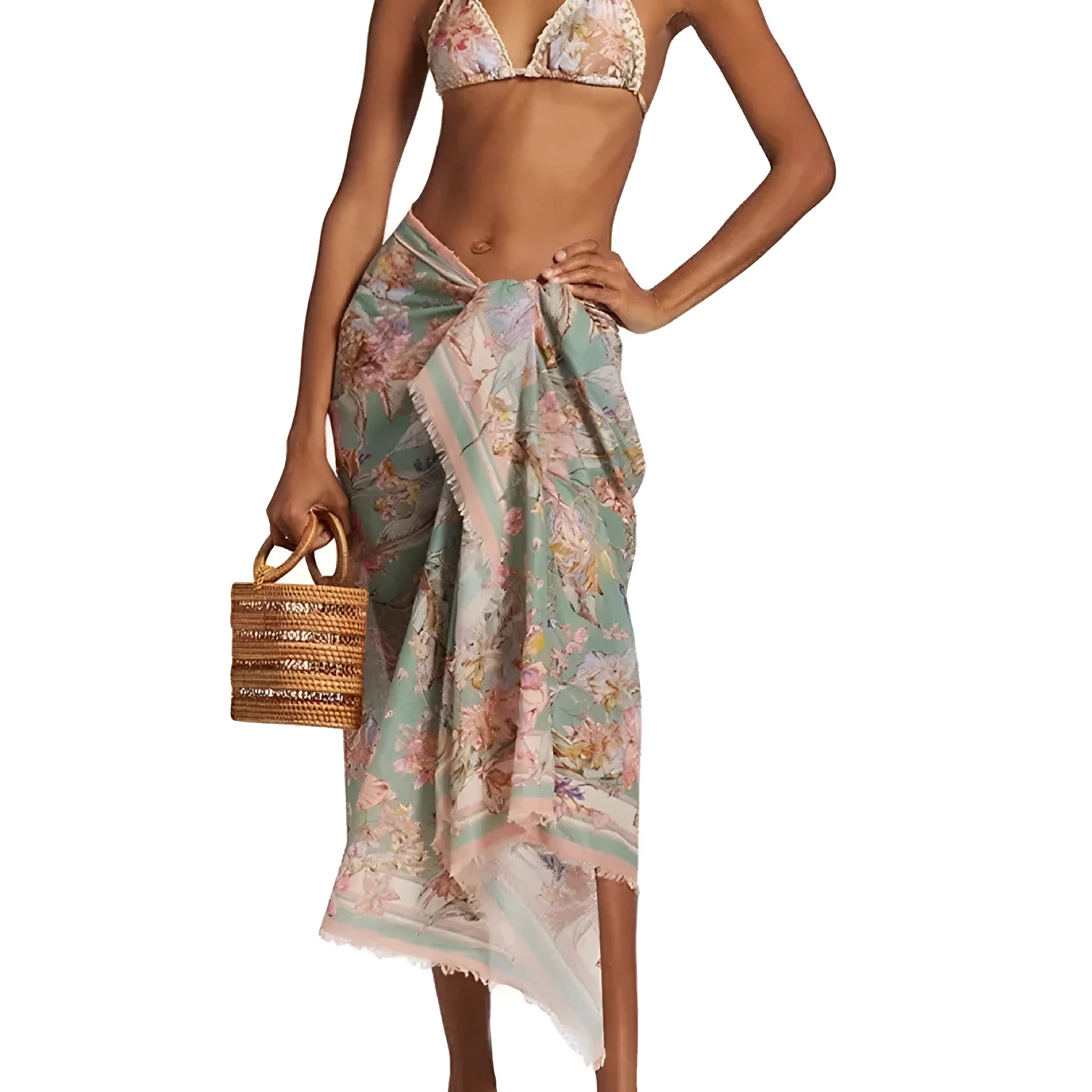 Women's creamy-white floral bikini swimsuit with separate top, underwear, and skirt pieces