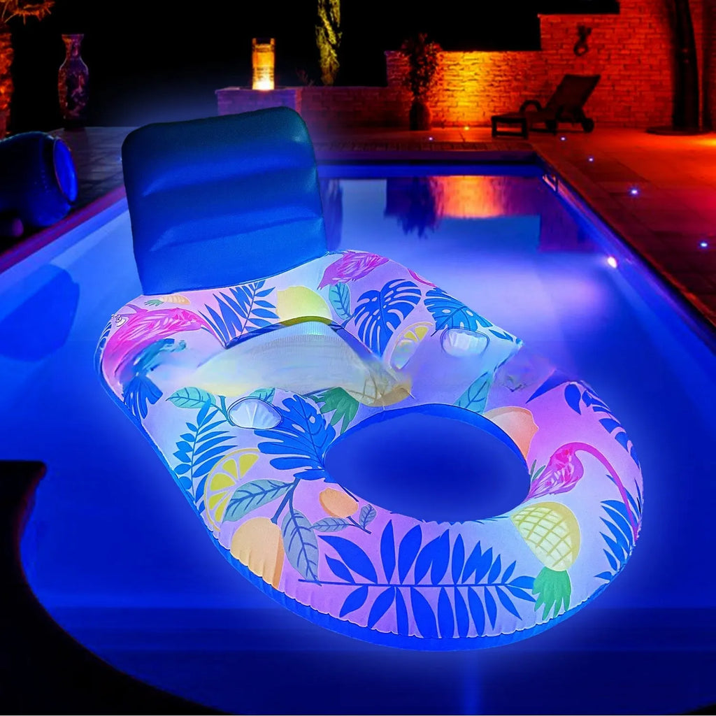 White luminous inflatable pool floating bed with backrest recliner on blue water