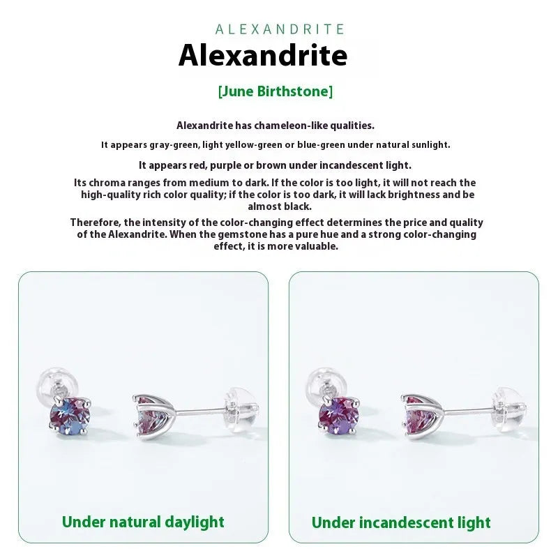 Simple round geometric 925 silver ear studs with a cultivate Alexandrite stone for women.