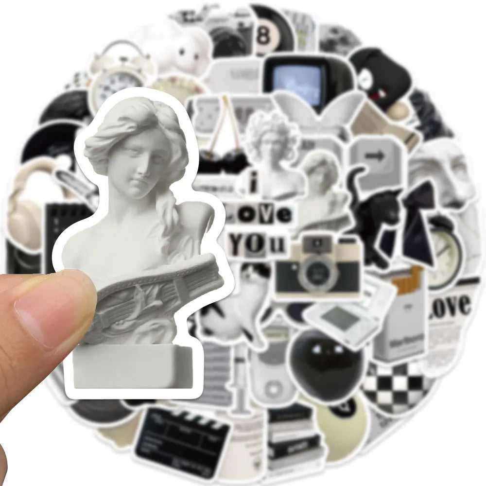 Set of 61 black and white simple style waterproof PVC vinyl stickers for laptops and phones.