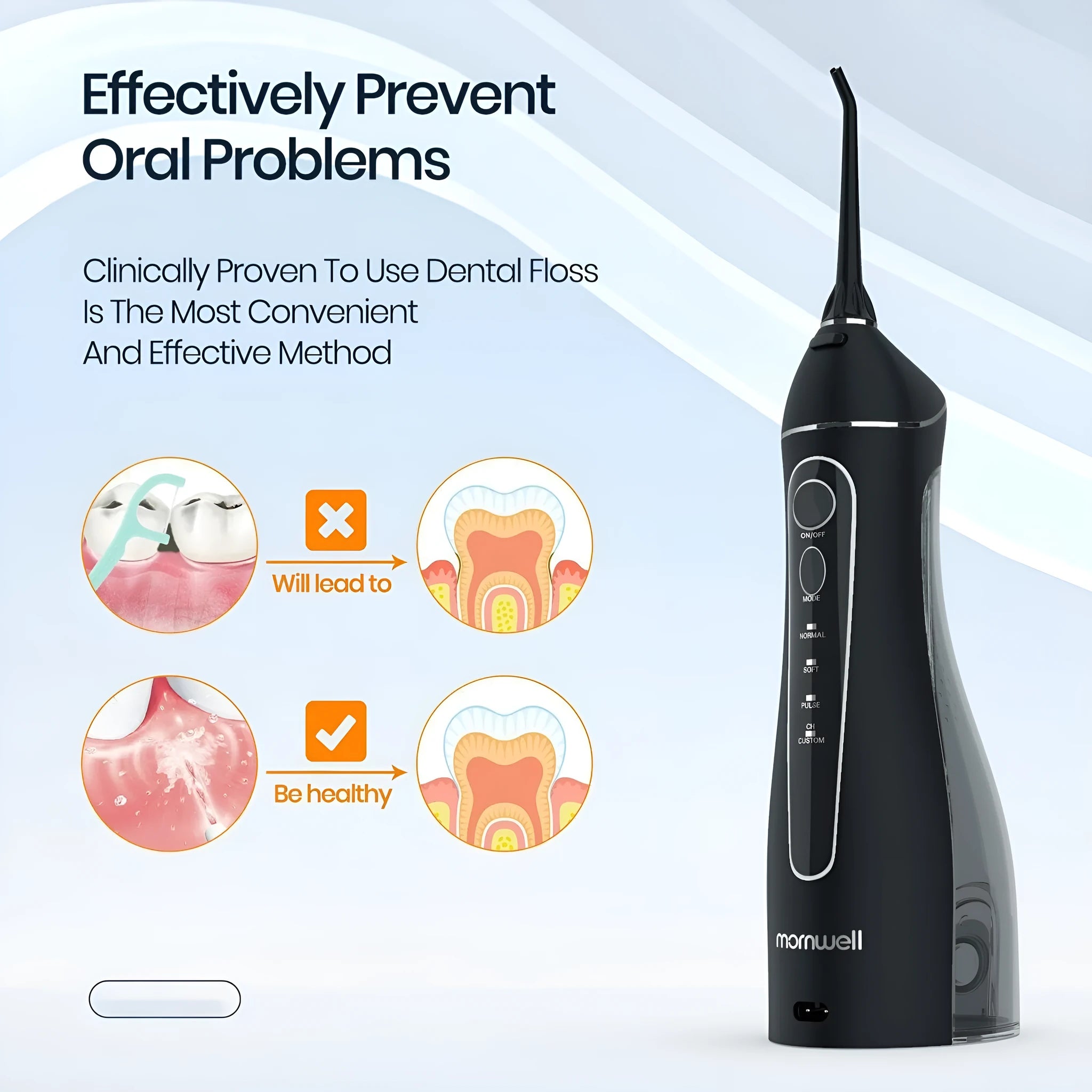 Black portable oral irrigator with water reservoir and nozzle for adult dental cleaning