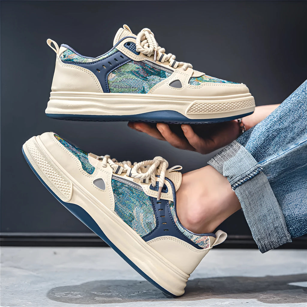 Men's beige and green canvas casual shoes with flat heel and round toe on white background