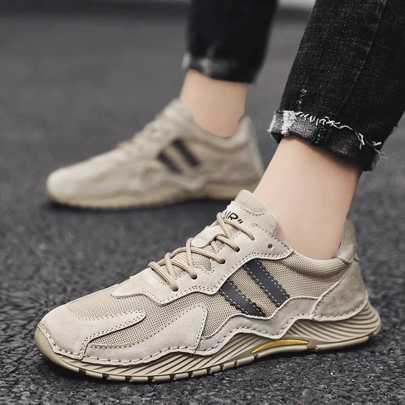 Men's sand coloured pigskin hiking boots with platform sole and lace-up front
