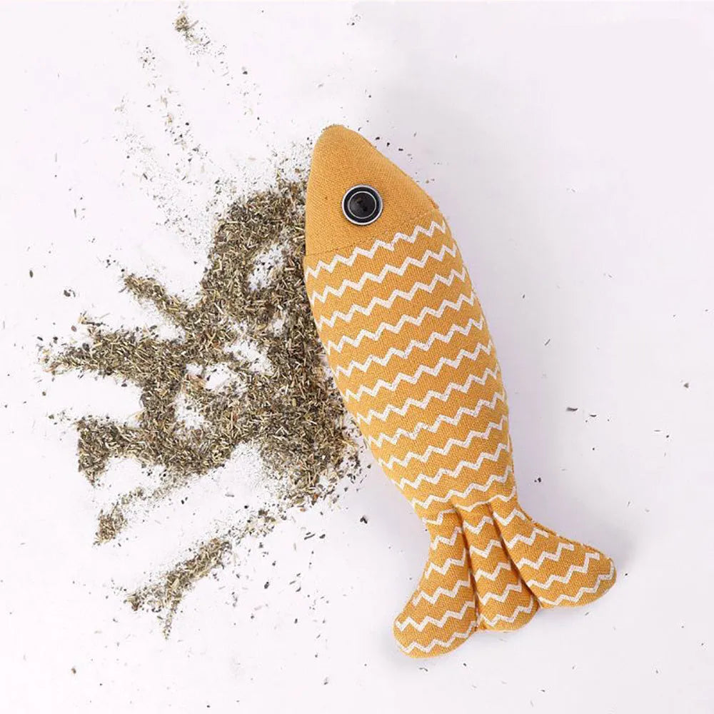 Burlap fish catnip toy with crinkle sound, soft plush material, 8.27 inches long