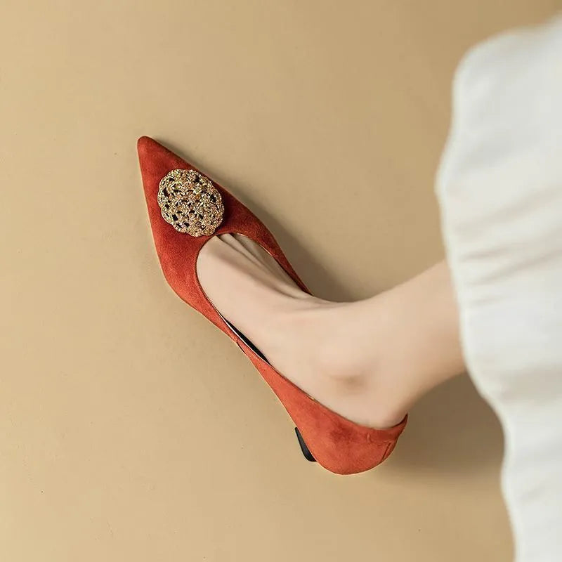 Women's suede stiletto pointed-toe shoes in black or orange with rubber sole and shallow mouth cut under 7cm