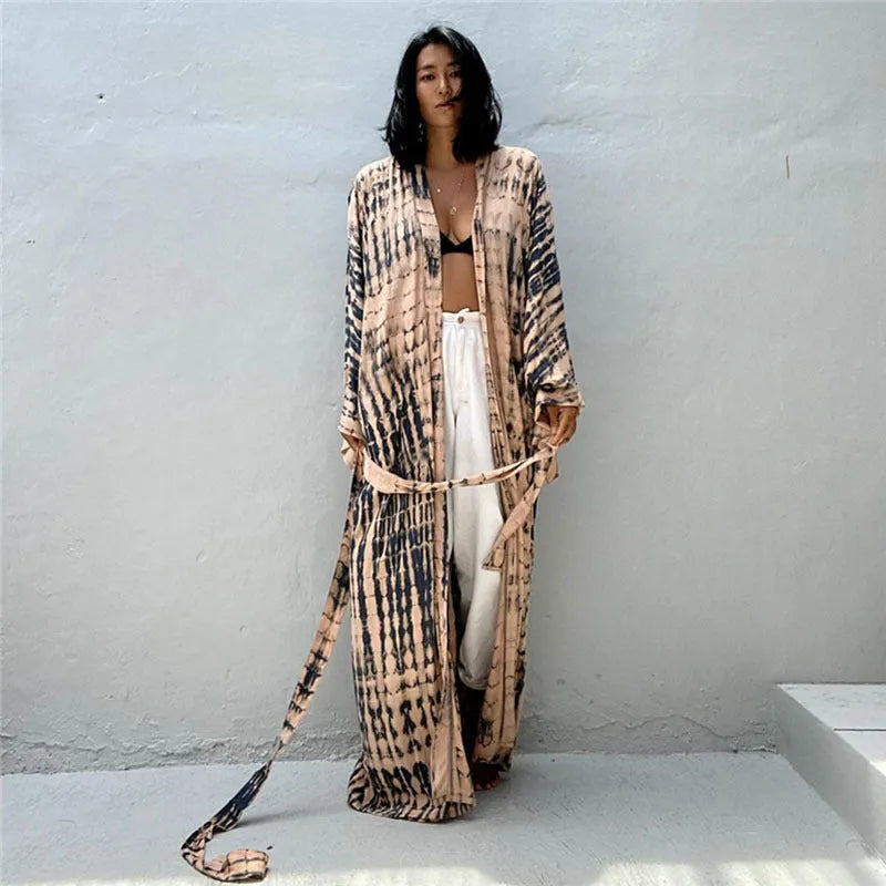 Loose printed cotton beach cover-up shirt in a DN0712 colour, shown as a long-sleeved blouse.