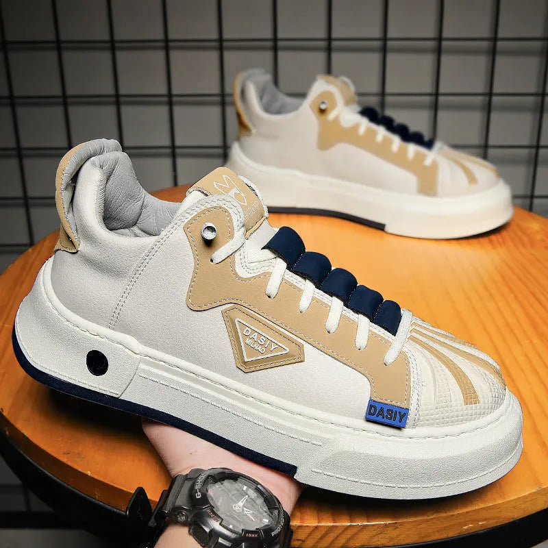 Men's beige low-top sneakers with elastic band and microfiber upper on a white background
