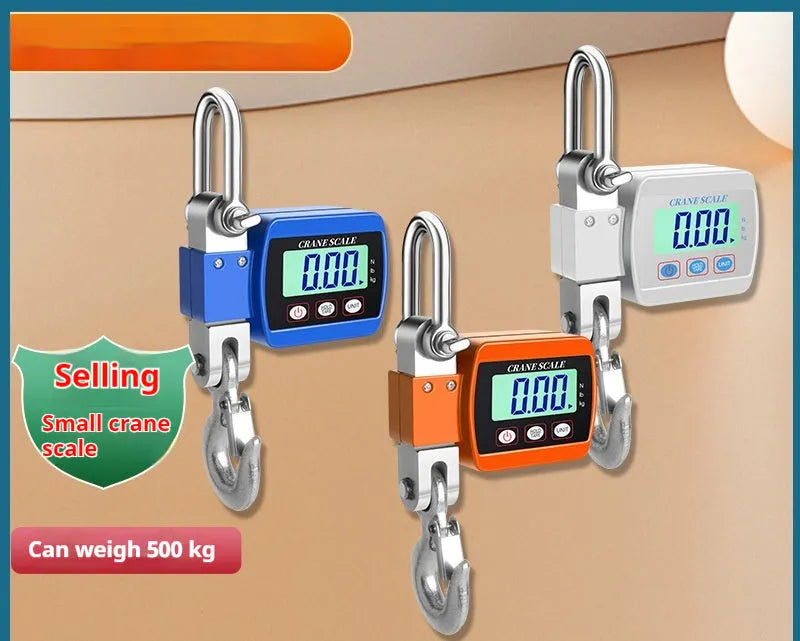 Digital hook scale electronic display with 500kg capacity shown in blue, orange, and white colour options