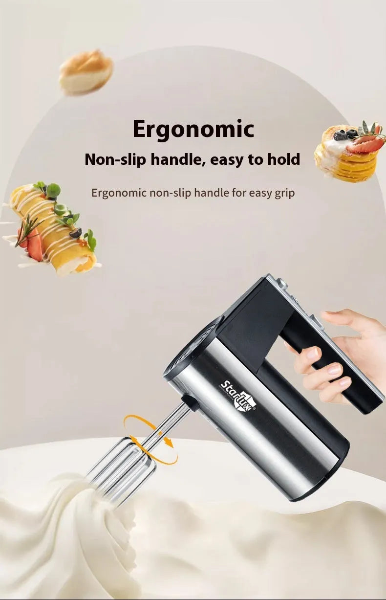 White electric hand mixer with five speed settings and metal beaters for baking