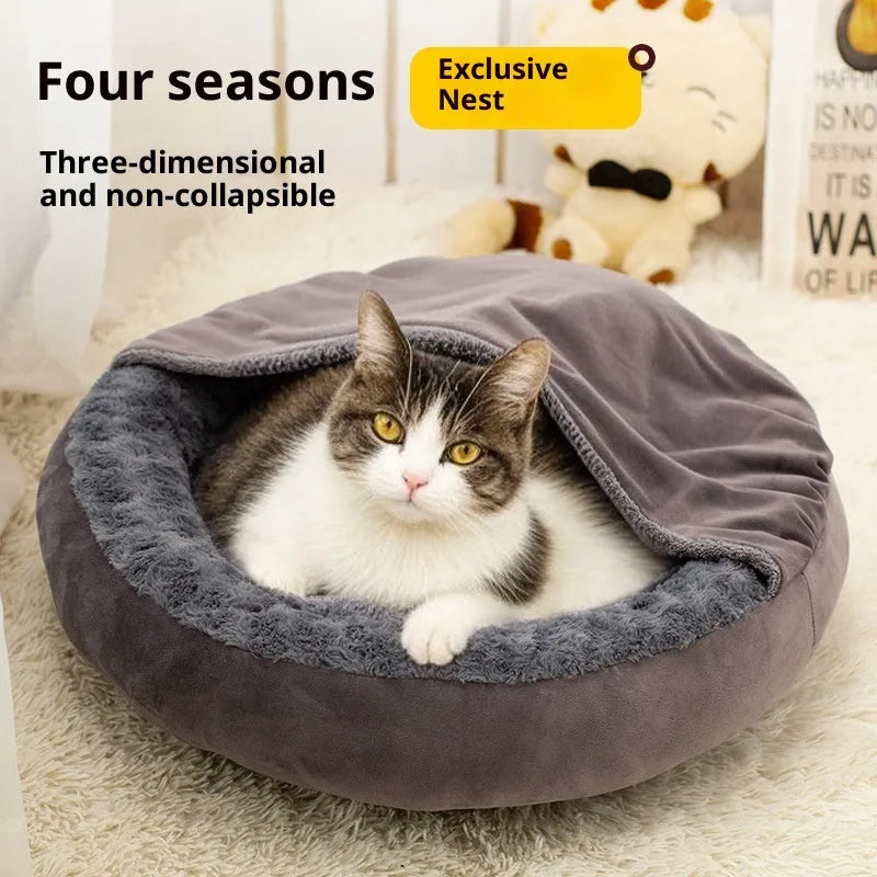 Round thickened flannel cat cushion mat in dark gray on floor, with 50cm 60cm 70cm size options